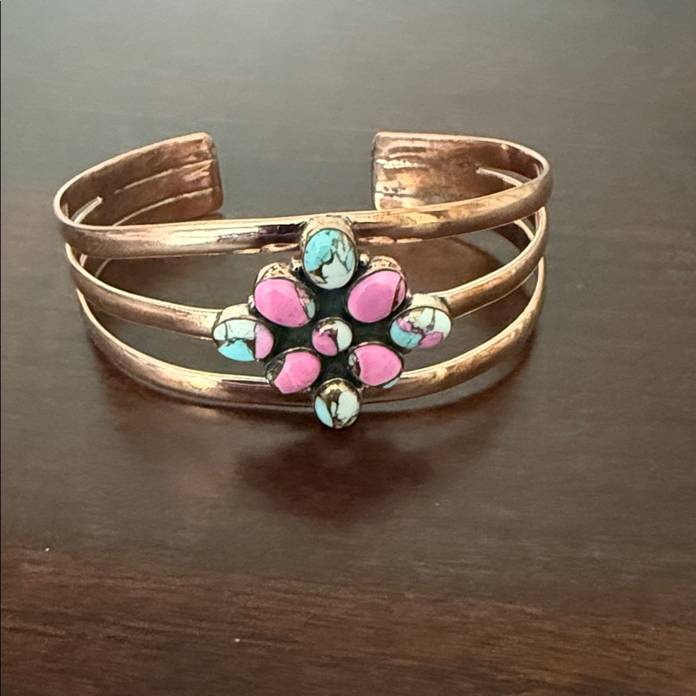 Copper Cotton Candy Turquoise Flower Cuff Bracelet NWOT - Picture 2 of 4